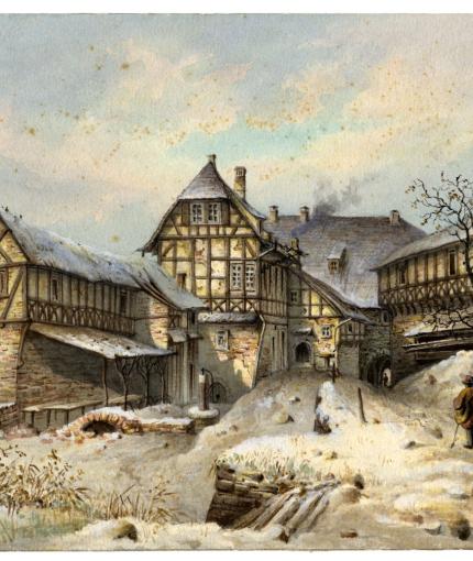 Der erste Burghof der Wartburg im Winter, Carl Julius von Leypold, vor 1840, Aquarell